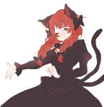  1girl ;3 animal_ears black_bow blush bow braid cat_ears cat_tail dress hair_bow hair_over_shoulder highres kaenbyou_rin laridaee light_blush light_smile long_hair long_sleeves looking_at_viewer multiple_tails nekomata one_eye_closed outstretched_arm puffy_sleeves red_eyes redhead simple_background solo tail touhou twin_braids twintails white_background 