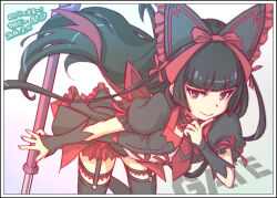  1girl bent_over black_bow black_dress black_garter_straps black_hair black_thighhighs blunt_bangs bow closed_mouth dress finger_to_face futa_(out_of_fuel) garter_straps gate_-_jieitai_ka_no_chi_nite_kaku_tatakaeri hair_bow long_hair looking_at_viewer red_eyes rory_mercury short_sleeves smile solo thigh-highs wrist_cuffs 