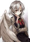 1girl absurdres angel_wings arm_under_breasts blush bow bowtie braid brooch dress expressionless eyebrows_visible_through_hair feathered_wings french_braid grey_jacket hand_on_own_chin highres jacket jewelry kishin_sagume long_sleeves looking_at_viewer lucky_chicken red_bow red_eyes short_hair single_wing solo touhou white_wings wings 
