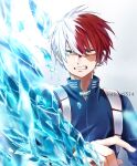  1boy bangs blue_eyes boku_no_hero_academia burn_scar clenched_teeth commentary eyebrows_visible_through_hair grey_background hair_between_eyes hand_up heterochromia highres ice iorieggs514 looking_at_viewer making-of_available male_focus multicolored_hair redhead scar scar_on_face short_hair solo split-color_hair symbol-only_commentary teeth todoroki_shouto twitter_username two-tone_hair upper_body white_hair 