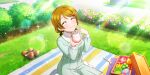 blush brown_hair closed_eyes dress koizumi_hanayo love_live!_school_idol_festival_all_stars short_hair smile