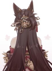  1girl animal_ears artist_name back bare_shoulders brown_dress brown_hair chinese_clothes dress fox_ears fox_girl fugue_(honkai:_star_rail) gold_trim hair_ornament hair_stick highres honkai:_star_rail honkai_(series) long_hair long_sleeves off-shoulder_dress off_shoulder official_alternate_costume official_alternate_hairstyle simple_background solo suwa_(swk_kkk) tassel tingyun_(honkai:_star_rail) upper_body white_background 