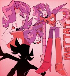  1boy androgynous android boots colored_skin fewer_digits gloves hair_over_one_eye heart highres looking_at_viewer makeup male_focus mechanical_arms mettaton mettaton_ex mettaton_neo open_mouth robot robot_boy shio_tou short_hair simple_background smile undertale white_gloves 