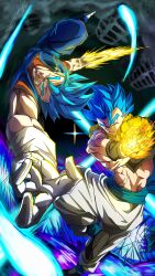  2boys abs absurdres arm_blade aura black_vest blue_eyes blue_hair blue_pants blue_sash blue_shirt cropped_vest dougi dragon_ball dragon_ball_super dragon_ball_super_broly energy_ball energy_sword gloves gogeta highres male_focus multiple_boys no_shirt orange_shirt pants ryo_lovevegito sash shirt spiky_hair super_saiyan super_saiyan_blue sword trait_connection vegetto vest weapon white_gloves white_pants 
