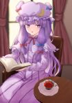  1girl bangs blue_bow blunt_bangs blurry blurry_background book bow capelet chair crescent cup curtains depth_of_field dress erisauria eyebrows_visible_through_hair hair_bow hair_ornament hat highres holding indoors long_hair long_sleeves looking_at_viewer mob_cap open_mouth patchouli_knowledge purple_dress purple_hair purple_headwear red_bow ribbon sitting solo striped tea teacup touhou very_long_hair violet_eyes window 