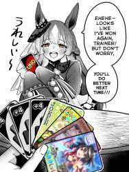  1girl 1other ;d animal_ears ascot ash_blossom_&amp;_joyous_spring buttons card commentary double-parted_bangs ear_ornament english_commentary english_text frilled_sleeves frills hands_up highres holding holding_card horse_ears horse_girl joker_(playing_card) kitasan_black_(umamusume) long_hair long_sleeves looking_at_viewer monochrome one_eye_closed open_mouth orange_eyes playing_card pov pov_hands sakanaflyer satono_diamond_(umamusume) simple_background sleeves_past_fingers sleeves_past_wrists smile smug speech_bubble table talking teeth umamusume uno_(game) upper_body upper_teeth_only white_background wooden_table yu-gi-oh! 