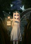  1girl :o absurdres bare_shoulders blonde_hair blue_eyes bug butterfly commentary dark dress fairy_wings head_wreath highres holding holding_lantern lantern light long_hair night night_sky original shaded_face sky solo star_(sky) starry_sky strapless strapless_dress ten_can tree white_dress wings 