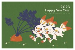  >_< 2023 border bright_pupils carrot chinese_zodiac english_text full_body green_background happy_new_year highres manami_(uovoegg) no_humans open_mouth pokemon pokemon_(creature) pulling scorbunny white_border white_pupils year_of_the_rabbit 