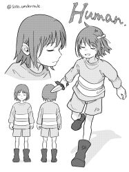 1other 2024 2d =_= absurdres ambiguous_gender ankle_boots artist_name back boots bow character_name character_sheet cropped_shoulders dagger digital_media english_text frisk_(undertale) full_body greyscale hair_bow hair_ribbon highres holding holding_dagger horizontal-striped_clothes horizontal-striped_shirt human human_only large_filesize monochrome multiple_views other_focus ribbon short_hair shorts simple_background solo soto_undertale standing straight-on striped_clothes striped_shirt text twitter_username undertale utdr_(toby_fox) weapon white_background