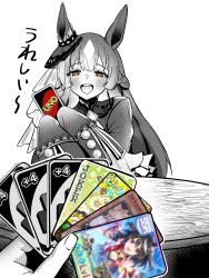  1girl 1other :d animal_ears ascot ash_blossom_&amp;_joyous_spring balatro buttons card commentary double-parted_bangs dragon_ball dragon_ball_z_dokkan_battle ear_ornament english_commentary frilled_sleeves frills gogeta hands_up highres holding holding_card horse_ears horse_girl imminent_uno_loss_(meme) joker_(playing_card) kitasan_black_(umamusume) long_hair long_sleeves looking_at_viewer meme monochrome open_mouth orange_eyes playing_card pov pov_hands sakanaflyer satono_diamond_(umamusume) simple_background sleeves_past_fingers sleeves_past_wrists smile smug table talking teeth textless_version umamusume uno_(game) upper_body upper_teeth_only white_background wooden_table yu-gi-oh! 