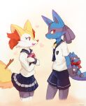  1boy 1girl :3 ancesra animal_ear_fluff animal_ears animal_nose arms_behind_back artist_name black_fur blue_fur blue_neckerchief blue_sailor_collar blue_shorts blue_skirt blush body_fur bow box braixen character_doll commentary cowboy_shot cropped_legs crossed_arms english_commentary fang flat_chest fox_ears fox_girl fox_tail from_side furry furry_female furry_male furry_with_furry gift gift_box gradient gradient_background happy heart heart-shaped_box hetero highres holding holding_box holding_gift interspecies long_sleeves looking_at_another looking_away looking_back lucario miniskirt multicolored_fur neckerchief nervous non-web_source open_mouth patreon_username pleated_skirt pocket pokemon pokemon_(creature) profile red_bow sailor_collar school_uniform serafuku shirt short_shorts short_sleeves shorts simple_background skirt smile snout standing stick sweat tail thigh-highs valentine watermark web_address white_fur white_legwear white_shirt wolf_boy wolf_ears wolf_tail yellow_fur zettai_ryouiki 