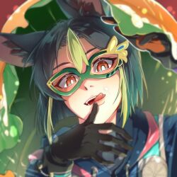  1boy animal_ear_fluff animal_ears black_gloves black_hair fox_boy fox_ears genran256 genshin_impact gloves green_eyes green_hair green_mask hair_between_eyes male_focus mask multicolored_hair open_mouth short_hair streaked_hair tighnari_(genshin_impact) tongue tongue_out 