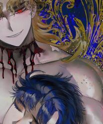  2boys blonde_hair blue_hair dio_brando diolahan ear_birthmark jojo_no_kimyou_na_bouken jonathan_joestar long_hair male_focus multiple_boys phantom_blood red_eyes scar scar_on_neck smile stitched_neck stitches 