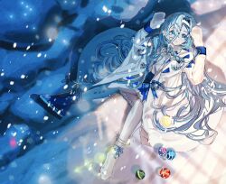  1girl 37_(reverse:1999) :o alternate_costume arms_up asymmetrical_footwear blue_eyes blue_hair blue_shoes blue_skirt christmas_ornaments coat from_above full_body hair_between_eyes hands_up highres long_hair looking_at_viewer mismatched_footwear mittens pantyhose reverse:1999 seventeen_meimi shirt shoes sitting skirt solo very_long_hair white_coat white_mittens white_pantyhose white_shirt white_shoes 