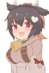  1girl absurdres bandana bell belt black_hair breasts brown_shirt cow_girl cow_horns emil_chronicle_online hair_ornament highres horns large_breasts momo_alma neck_bell orange_bandana red_ribbon ribbon shirt silver-index two_side_up violet_eyes white_background 