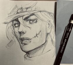  1boy araki_hirohiko_(style) art_tools_in_frame bishounen commentary_request cracked_skin diego_brando fang graphite_(medium) greyscale hair_between_eyes hatching_(texture) helmet highres hogo_shoku_mkr jewelry jojo_no_kimyou_na_bouken looking_at_viewer male_focus mechanical_pencil monochrome parted_lips pencil photo_(medium) portrait solo steel_ball_run stitches traditional_media 
