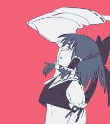  1girl bad_apple!! detached_sleeves greyscale_with_colored_background hair_tubes hakurei_reimu kakeami long_hair looking_up nontraditional_miko red_background solo touhou upper_body wide_sleeves 