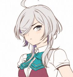  1girl ahoge alternate_hair_length alternate_hairstyle asashimo_(kancolle) asashimo_kai_ni_(kancolle) blue_bow blue_bowtie bow bowtie breasts closed_mouth collared_shirt commentary grey_eyes grey_hair hair_over_one_eye kanmiya_shinobu kantai_collection looking_at_viewer medium_hair multicolored_hair purple_hair shirt short_sleeves simple_background small_breasts solo symbol-only_commentary upper_body white_background white_shirt 