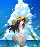  1girl absurdres bare_arms bird black_hair blurry blurry_foreground child clouds cloudy_sky dress final_fantasy final_fantasy_vii final_fantasy_vii_remake flower hair_between_eyes hat highres holding holding_clothes holding_hat long_hair mogu_(kuromezennkainopokke) ocean red_eyes sky solo sun_hat tifa_lockhart upper_body white_dress yellow_flower younger 