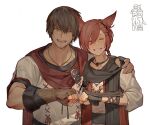  2boys ^_^ ^o^ adventurer_(ff14) animal_ears arm_around_shoulder bangs belt_buckle black_scarf braid braided_ponytail brown_gloves brown_hair brown_shirt buckle cape cat_ears closed_eyes collarbone facial_hair facial_mark facing_viewer ffxivys final_fantasy final_fantasy_xiv fingerless_gloves fist_bump g&#039;raha_tia gloves grin hair_ornament hand_on_another&#039;s_shoulder hyur inset jewelry male_focus miqo&#039;te multiple_boys neck_tattoo open_mouth pendant red_cape redhead scarf shirt short_hair short_ponytail simple_background single_braid smile stubble swept_bangs tattoo upper_body white_background x_hair_ornament 