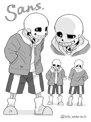  1boy 2024 2d absurdres artist_name back character_name character_sheet cropped_shoulders digital_media drawstring english_text full_body greyscale hands_in_pockets highres hood hood_down hooded_jacket humanoid jacket large_filesize male male_focus male_only mittens monochrome monster monster_boy multiple_views open_clothes open_jacket sans_(undertale) shirt shorts simple_background skeleton slippers socks solo soto_undertale standing straight-on striped_shorts teeth text twitter_username undead undertale utdr_(toby_fox) vertical-striped_clothes vertical-striped_shorts white_background white_shirt white_stripes 