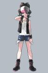  1girl antenna_hair black_footwear black_legwear black_vest black_wristband blue_shorts boots brown_hair clenched_hands commentary_request full_body grey_background hand_up hat highres hilda_(pokemon) ittumozzz knees long_hair looking_at_viewer pokemon pokemon_(game) pokemon_bw shirt short_shorts shorts sidelocks simple_background sleeveless sleeveless_shirt socks solo standing vest white_shirt 