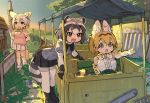  3girls animal_ears arms_behind_back bare_shoulders black_bow black_legwear black_skirt blonde_hair blue_sweater blush bow bowtie cat_ears cat_girl cat_tail center_frills common_raccoon_(kemono_friends) elbow_gloves extra_ears eyebrows_visible_through_hair fennec_(kemono_friends) fox_ears fox_girl fox_tail frills fur_collar gloves grey_hair ground_vehicle high-waist_skirt highres kemono_friends multicolored_hair multiple_girls pantyhose pink_sweater pleated_skirt pointing print_bow print_bowtie print_gloves puffy_short_sleeves puffy_sleeves raccoon_ears raccoon_girl raccoon_tail railroad_tracks serval_(kemono_friends) serval_print shirt short_hair short_sleeves sign skirt sleeveless spawnfoxy sweater symbol-only_commentary tail thigh-highs train two-tone_legwear white_fur white_hair white_legwear white_shirt white_skirt yellow_bow yellow_eyes yellow_legwear zettai_ryouiki 