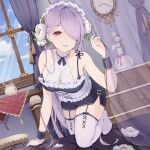  1girl bed chair clock cup curtains daichengqi flower happy highres maid maid_headdress one_eye_covered pink_ribbon purple_hair red_eyes ribbon see-through table thigh-highs vase white_flower white_legwear window 