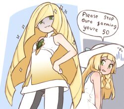  2girls bare_arms beachepisode black_pants blonde_hair blunt_bangs contrapposto dress english_text green_eyes grin hand_on_own_hip hat highres lillie_(pokemon) long_hair looking_at_another looking_at_viewer lusamine_(pokemon) mother_and_daughter multiple_girls pants pokemon pokemon_sm sleeveless sleeveless_dress smile sparkle speech_bubble sun_hat sundress two-tone_pants very_long_hair white_dress white_pants 