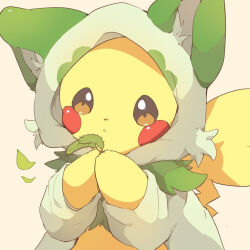  brown_eyes cattail chiko_(chi_p_71) closed_mouth commentary_request cosplay no_humans pikachu plant pokemon pokemon_(creature) simple_background solo sprigatito sprigatito_(cosplay) 