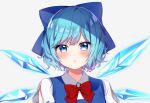  1girl bangs blue_bow blue_dress blue_eyes blue_hair blush bow bowtie breasts buttons cirno collared_shirt commentary_request dress eyebrows_visible_through_hair eyes_visible_through_hair grey_background hair_between_eyes highres ice ice_wings looking_at_viewer medium_breasts open_mouth puffy_short_sleeves puffy_sleeves red_bow red_bowtie shinonome_asu shirt short_hair short_sleeves simple_background solo touhou upper_body white_shirt wings 