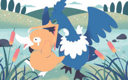  animal_focus biting_another's_head cattail commentary_request cramorant crying full_body green_eyes hill manami_(uovoegg) no_humans open_mouth outdoors plant pokemon pokemon_(creature) psyduck rectangular_pupils rock single_tear 
