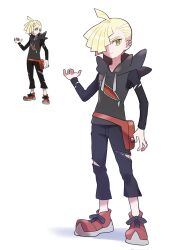  1boy ahoge aria_pkmn black_pants black_shirt blonde_hair closed_mouth fanny_pack full_body gladion_(pokemon) green_eyes hair_over_one_eye hand_up hashtag-only_commentary highres hood hood_down hooded_vest hoodie male_focus pants pokemon pokemon_sm red_bag red_shoes reference_inset shirt shoes short_hair standing tassel torn_clothes torn_pants torn_shirt vest white_background 