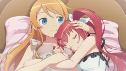  2girls bare_arms bare_shoulders blue_eyes breasts camisole closed_eyes closed_mouth commentary date_a_live english_commentary frilled_camisole frills hand_on_another's_head highres itsuka_kotori kousaka_kirino long_hair lying multiple_girls on_back on_side orange_hair ore_no_imouto_ga_konna_ni_kawaii_wake_ga_nai pillow pink_nails red_hair scarletsky sleeping small_breasts smile taketatsu_ayana twintails upper_body voice_actor_connection 