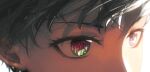 1boy adeuce bangs close-up commentary_request copyright_request eye_reflection eyelashes green_eyes grey_eyes heterochromia looking_afar looking_at_another male_focus out_of_frame red_eyes reflection short_hair simple_background solo white_background 