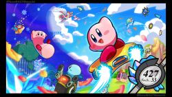  awoofy bird blue_eyes blush blush_stickers building closed_mouth commentary_request crystal dragoon_(kirby) dyna_blade elfilin flying gordo highres invincible_candy kabu_(kirby) kashiwa_(ksw04270mochi) king_dedede kirby kirby_(series) kirby_air_ride kirby_air_riders kirby_and_the_forgotten_land kracko meta_knight mouthful_mode open_mouth poppy_bros_jr sky smile spring_mouth star-crossed_world star_(sky) starry_(kirby) tree waddle_dee wagon_star warp_star watermark wheelie_(kirby) wing_star 