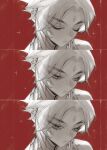 1boy bishounen closed_eyes closed_mouth ear_piercing eyelashes facial_mark forehead_mark genshin_impact greyscale highres looking_at_viewer looking_down male_focus mata_c monochrome multiple_views piercing portrait red_background sparkle xiao_(genshin_impact) 