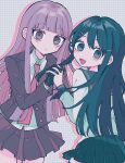  2girls :d bangs black_gloves black_jacket black_sailor_collar black_skirt blunt_bangs closed_mouth cowboy_shot danganronpa:_trigger_happy_havoc danganronpa_(series) eyebrows_visible_through_hair gloves green_hair green_skirt grey_background grey_shirt hair_between_eyes highres holding_hands jacket kirigiri_kyouko long_hair looking_at_viewer looking_back maizono_sayaka miniskirt multiple_girls necktie open_clothes open_jacket pink_eyes pink_hair pink_necktie pisapipi sailor_collar shiny shiny_hair shirt skirt smile 