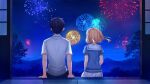  1boy 1girl alpha_(yukai_na_nakamatachi) black_hair blonde_hair blue_shirt fireworks floating_hair from_behind game_cg hair_ornament hair_scrunchie kagami_toshiki nagima_yumemi night night_sky outdoors pink_scrunchie sailor_collar sailor_shirt school_uniform scrunchie shiny shiny_hair shirt short_hair short_sleeves skirt sky sousaku_kanojo_no_renai_koushiki twintails white_sailor_collar white_shirt white_skirt 