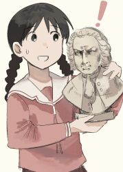  ! 1girl alexander_hamilton azumanga_daioh azumanga_daioh's_school_uniform black_eyes black_hair braid brown_skirt bust_(sculpture) grin highres holding_sculpture long_hair looking_at_another pink_shirt pleated_skirt potsato rachel_handlebarz sailor_collar school_uniform shirt skirt smile sweat twin_braids white_sailor_collar white_sleeve_cuffs 