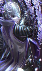  1boy :| a16850155 absurdres armor closed_mouth flower green_eyes hair_over_one_eye highres holding holding_sword holding_weapon ishida_mitsunari_(sengoku_basara) japanese_armor jinbaori katana looking_at_viewer male_focus sengoku_basara sheath short_hair solo sword unsheathing upper_body weapon white_hair wisteria 