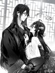  absurdres ahoge alternate_costume bangs black_hair black_nails blurry blurry_background chinese_clothes closed_mouth collaboration collarbone door eyeliner eyeshadow flower genshin_impact greyscale hair_between_eyes hair_flower hair_ornament hair_tie hand_on_another&#039;s_chest hanfu height_difference highres hu_tao_(genshin_impact) lilleboenner long_hair long_sleeves makeup monochrome nose open_mouth plum_blossoms robe second-party_source sidelocks smile symbol-shaped_pupils teeth twintails twitter_username upper_body upper_teeth very_long_hair wide_sleeves zhongli_(genshin_impact) 