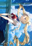  1girl bangs bishoujo_senshi_sailor_moon blonde_hair blue_eyes blue_skirt bow breasts clouds cloudy_sky double_bun highres long_hair medium_breasts midriff_peek nachoz_(nachozart) own_hands_together parted_bangs railing sailor_collar sailor_moon school_uniform shirt short_hair skirt sky smile solo tsukino_usagi twintails upper_body wavy_hair white_shirt 