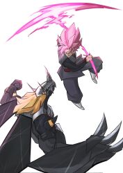  armor black_armor black_pants black_shirt black_skin blackwargreymon blonde_hair claw_(weapon) colored_skin crossover digimon digimon_(creature) dougi dragon dragon_ball dragon_ball_super earrings energy_blade gamr1p gauntlets goku_black grey_tunic highres holding holding_scythe horns jewelry medium_hair pants pink_hair red_eyes scythe shirt simple_background single_earring spiky_hair super_saiyan super_saiyan_rose trait_connection tunic weapon white_background yellow_eyes 