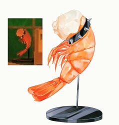  collar commentary english_commentary food food_focus game_screenshot_inset highres kodak_painter no_humans salmon_run_(splatoon) shrimp simple_background spiked_collar spikes splatoon_(series) splatoon_3 still_life white_background 