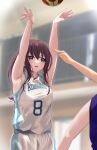  1girl 2others absurdres armpits arms_up basketball basketball_uniform blurry blurry_background blush depth_of_field highres indoors li_zhu looking_afar motion_blur multiple_others original playing_sports ponytail red_eyes redhead sportswear sweatdrop 