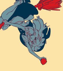  1girl apple apron bad_apple!! black_skirt black_vest broom broom_riding food fruit greyscale_with_colored_background holding holding_food holding_fruit kakeami kirisame_marisa shirt short_sleeves skirt solo touhou vest waist_apron white_shirt yellow_background 