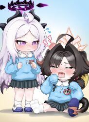  2girls absurdres aged_down ahoge alternate_costume alternate_hairstyle black_hair black_halo black_skirt blue_archive blue_shirt blush child commentary_request crying crying_kasumi_(blue_archive)_(meme) demon_girl demon_horns demon_tail demon_wings flying_sweatdrops forehead hair_bobbles hair_ornament halo hat hat_on_back head_bump highres hina_(blue_archive) horns kasumi_(blue_archive) kindergarten_uniform long_hair long_sleeves looking_at_another low_twintails meme multiple_girls name_tag parted_bangs pleated_skirt red_halo school_hat shirt shoes sidelocks simple_background sitting skirt sleeves_past_fingers sleeves_past_wrists socks streaming_tears tail tearing_up tears tomimon twintails violet_eyes wavy_hair white_hair white_shoes white_socks wings 