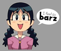  1girl :d azumanga_daioh azumanga_daioh's_school_uniform black_eyes black_hair blush braid breasts evdeebz grey_background head_only highres long_hair looking_at_viewer open_mouth rachel_handlebarz sailor_collar school_uniform simple_background smile speech_bubble staring toon_(style) twin_braids white_sailor_collar winter_uniform 