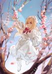  1girl absurdres arm_up blonde_hair blush boots bow bowtie branch capelet cherry_blossoms closed_mouth dated day dress fairy_wings floating_hair full_body hair_between_eyes hat highres light_smile lily_white long_hair long_sleeves looking_at_viewer outstretched_arm red_bow red_bowtie red_eyes sky sleeve_cuffs solo symbol-only_commentary touhou white_capelet white_dress white_footwear white_headwear wings yongyu366 